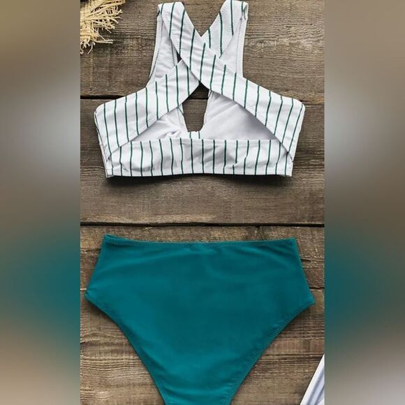 Cupshe teal solid & striped high waisted bikini various sizes - Picture 2 of 4